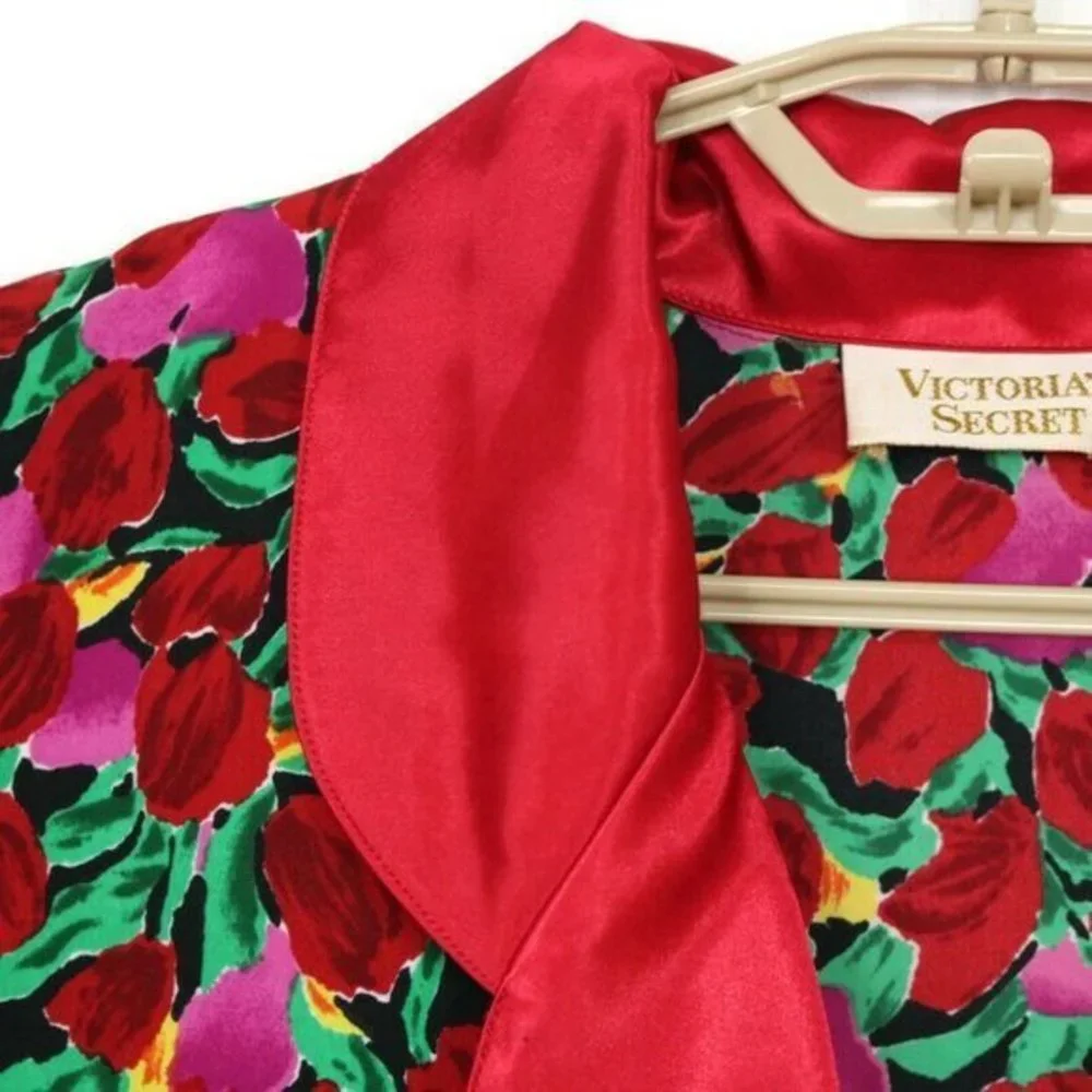 Vintage Victoria's Secret Gold Label Kimono Robe‎ Red Pink Green Floral M Medium